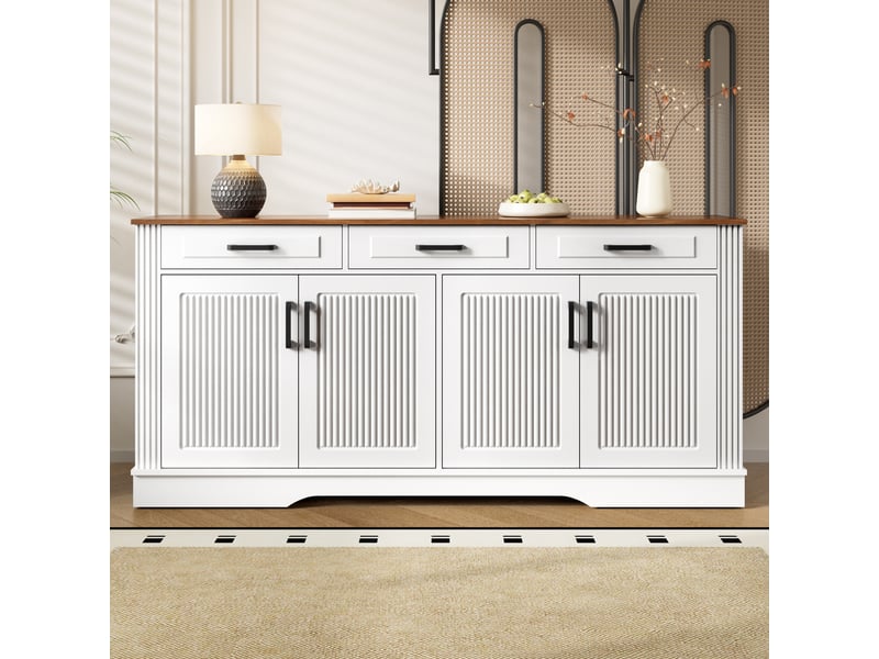  Buffet 4 portes 3 tiroirs avec rangement - lpospi - façades rainurées, poignées noires, mdf blanc 160 × 40 × 75 cm  - Conforama B