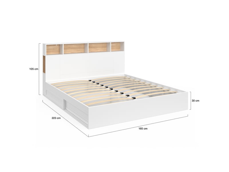  Lit double clem avec rangements + tête de lit et sommier 180 x 200 cm blanc et hêtre  - Conforama D