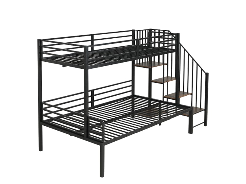  Lit superposé en fer et mdf, cadre d'angle avec rangement – noir bois vintage, 90x200 120x200, enfants et adolescents  - Conforama D