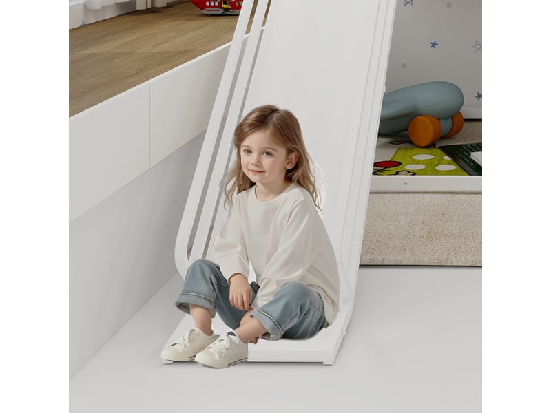  Lit superposé enfant 90x190cm - toboggan intégré - garde-corps 32cm - métal blanc - haute sécurité  - Conforama W