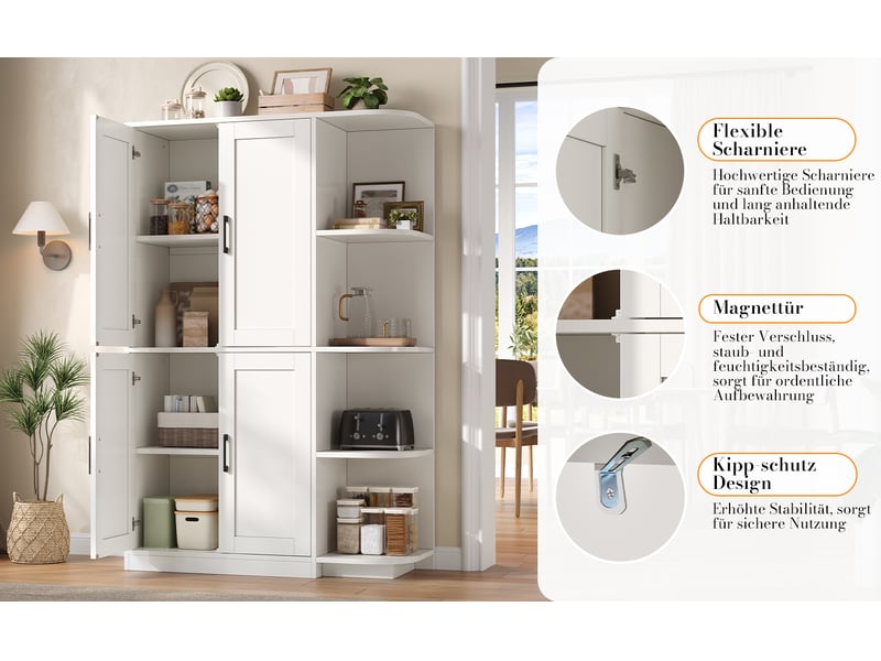  Buffet de cuisine grand volume 103x40x163 cm, meuble haut blanc 4 portes et 4 rangements ouverts, idéal stockage vaisselle et décoration, mdf  - Conforama W