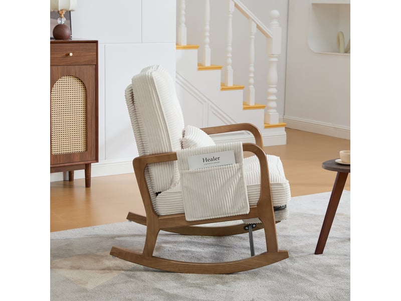 Fauteuil à bascule avec repose-pieds, dossier réglable et poche latérale en velours côtelé beige 70 × 80 × 92 cm - Conforama C