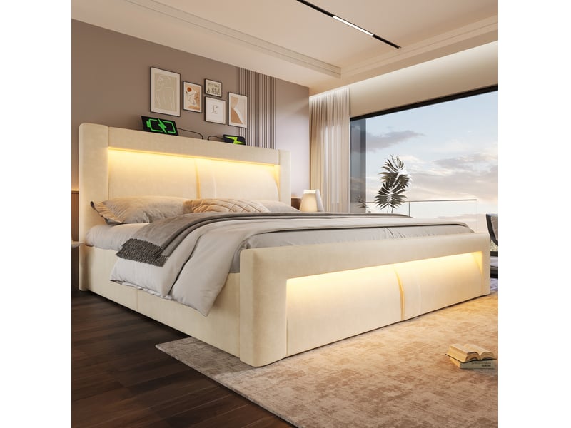 Lit coffre 160x200 cm beige en velours, rangement hydraulique, led, usb-c et matelas inclus - Conforama B