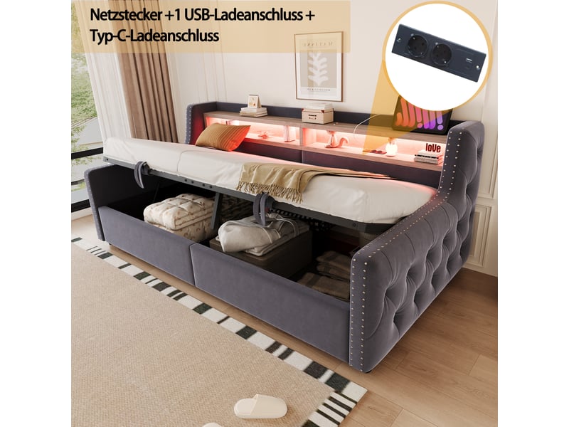  Canapé-lit 90x200 gris foncé, rangement hydraulique, led, prise, usb, dossier épais  - Conforama D