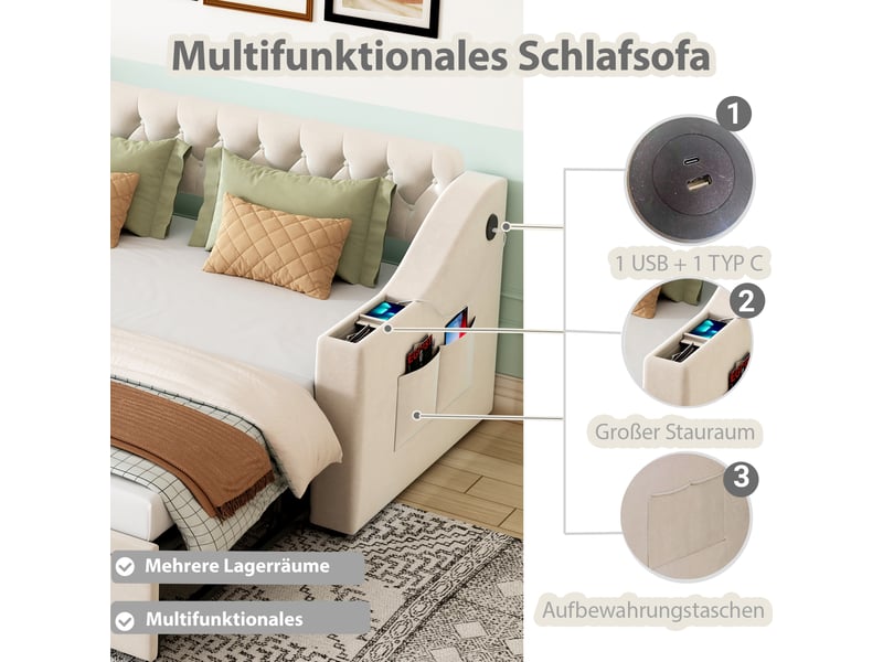  Lit canapé capitonné 90180*190 cm, accoudoirs épais avec usb, compartiments intégrés, sommier à lattes, velours beige  - Conforama E