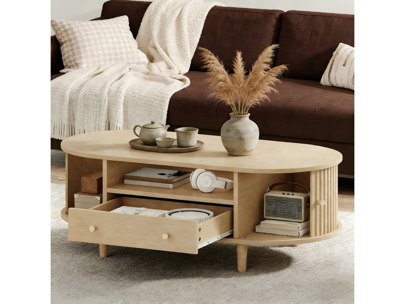  Table basse ovale avec tiroir et portes à rideau, mdf et placage bois, 100 x 50 x 36 cm, coloris chêne  - Conforama B