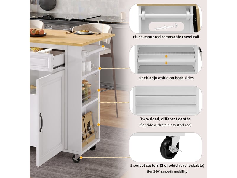 Îlot de cuisine mobile avec plateau rabattable, rangements et prises, en mdf et pb blanc et naturel, 120×40–70×92 cm - Conforama E