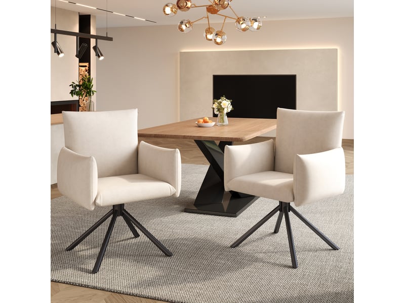  Lot de 6 chaises salle à manger 88x60x60 cm en velours beige, pivotantes 360°, dossier élevé avec accoudoirs  - Conforama D