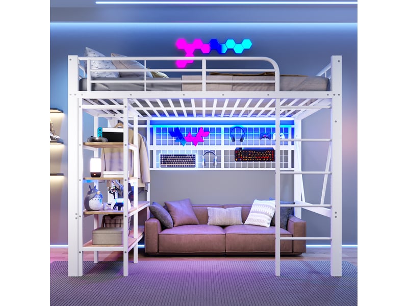  Lit mezzanine 140 x 200 cm en métal avec rangement, led et penderie blanc  - Conforama E