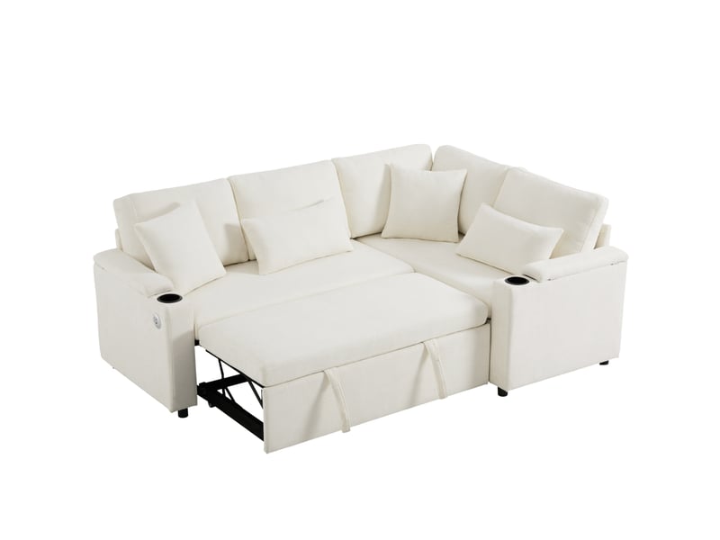  Canapé d'angle convertible l 206,5x141x86 cm 4 places, coffre de rangement, porte-gobelet, usb intégré, revêtement chenille beige  - Conforama A
