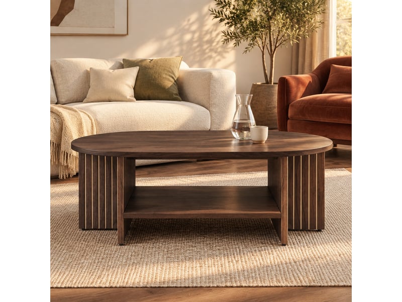  Table basse ovale 100x49x35 cm en mdf coloris noyer avec tablette  - Conforama E