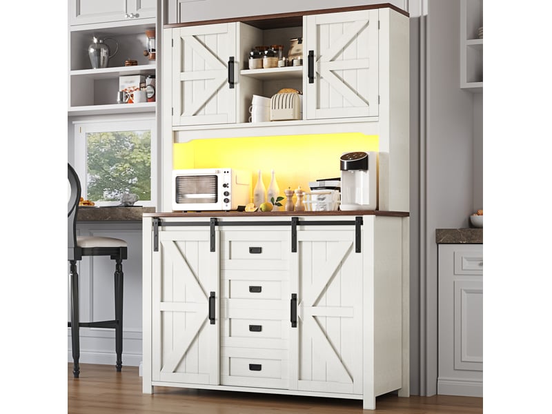 Buffet haut de cuisine 115x40x174,7cm avec éclairage led, rangement, meubles de cuisine avec portes coulissantes, mdf+structure en métal, coloris blanc - Conforama B