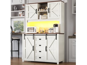 Buffet haut de cuisine 115x40x174,7cm avec éclairage led, rangement, meubles de cuisine avec portes coulissantes, mdf+structure en métal, coloris blanc