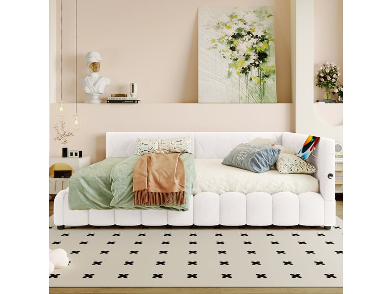  Lit daybed blanc 140x200 cm avec coffre hydraulique, led, usb et usb-c, sommier inclus  - Conforama D