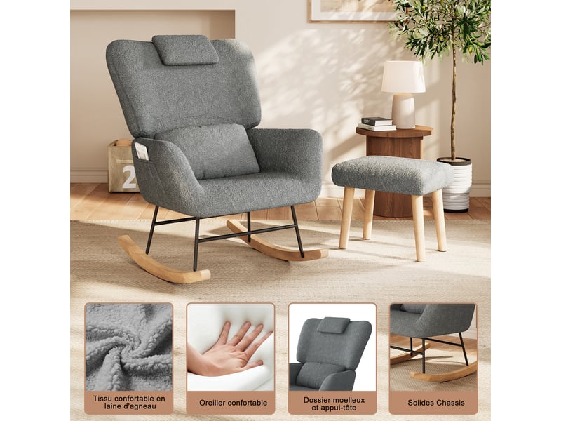  Fauteuil inclinable velours avec repose-pieds coloris gris, confort salon  - Conforama D