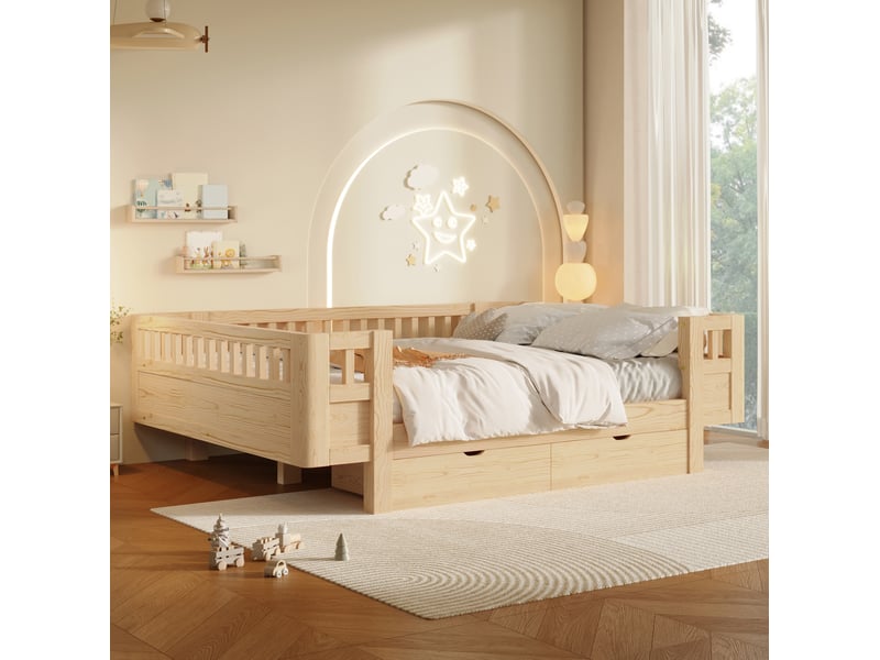 Lit plateforme 140x200 cm, barrières hautes, 2 tiroirs, structure bois et mdf, bois clair, sans matelas - Conforama D
