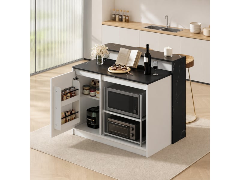 Îlot de cuisine avec comptoir bar et table de cuisine multifonctionnelle, espace animaux, effet marbre noir et blanc, 120x80x100cm.  - Conforama D
