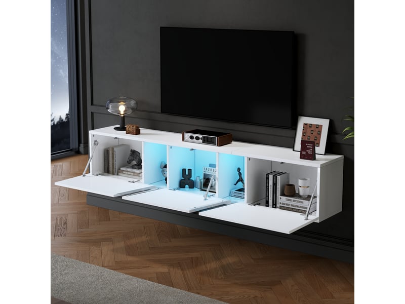  Meuble tv mural suspendu 180 cm pour tv 75 pouces, blanc brillant avec led  - Conforama D