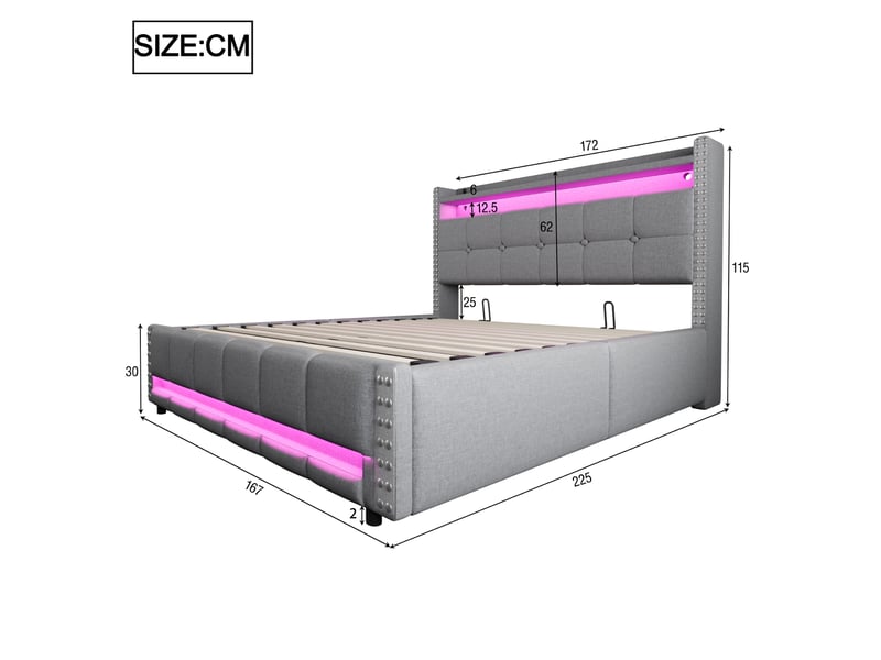  Lit coffre 160x200 cm gris clair en lin, tête de lit de rangement, led, ports usb et mécanisme hydraulique  - Conforama E