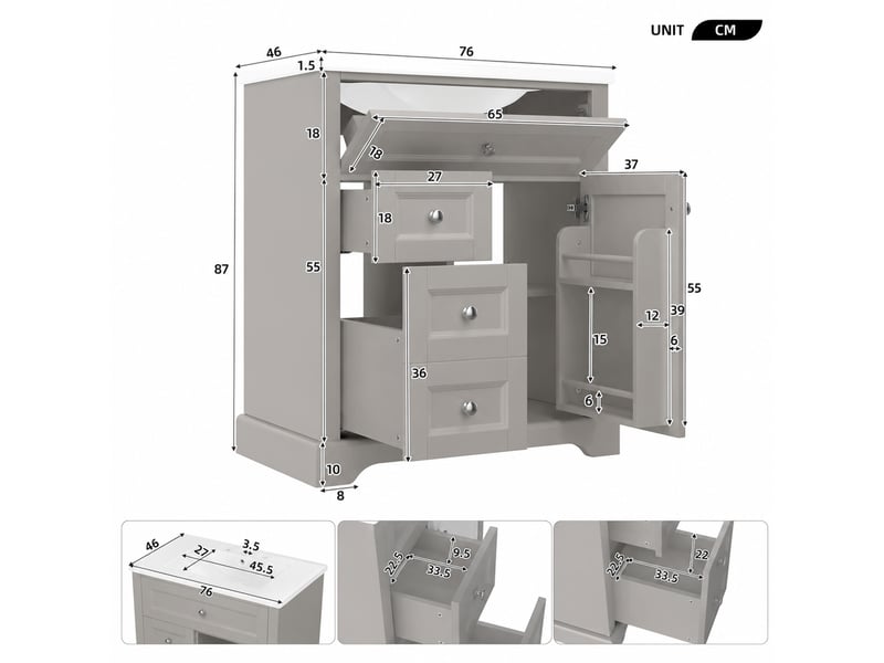  Meuble sous-vasque sur pied avec vasque en céramique gris 76 x 46 x 87 cm  - Conforama C