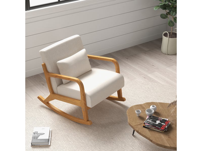 Fauteuil à bascule style rétro, en bois d'hévéa, 64,5 cm x 92 cm x 81,5 cm, beige et marron - Conforama D