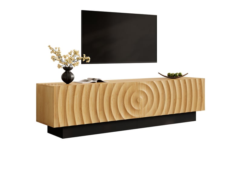  Meuble tv, 180 x 40 x 50 cm, portes à motif en relief arqué tridimensionnel, quatre portes de rangement, couleur naturel  - Conforama A