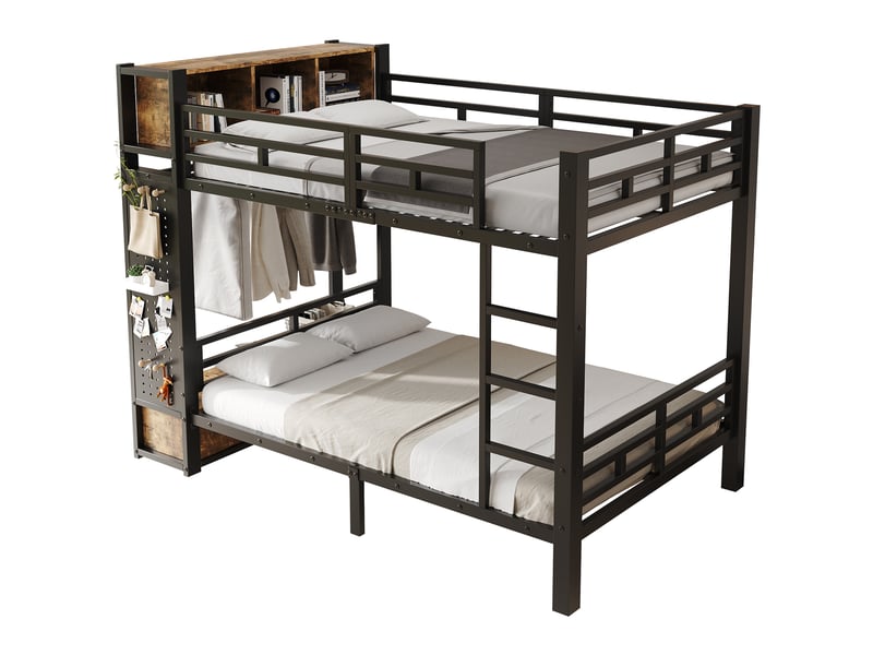  Lit superposé 120 × 200 cm avec rangement, penderie, tiroir, panneau perforé et niches pour chambre enfant noir  - Conforama A