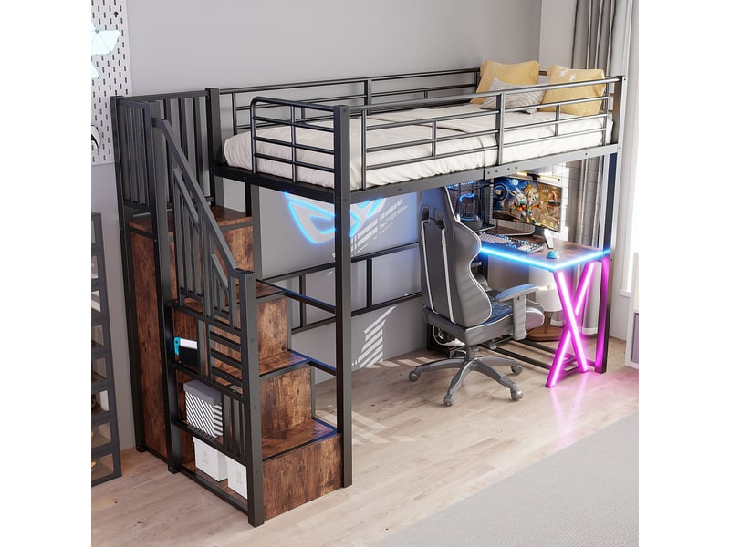  Lit mezzanine 90 x 200 cm avec bureau, armoire, led et escalier avec rangement, lit simple en métal noir avec étagères et garde-corps  - Conforama C