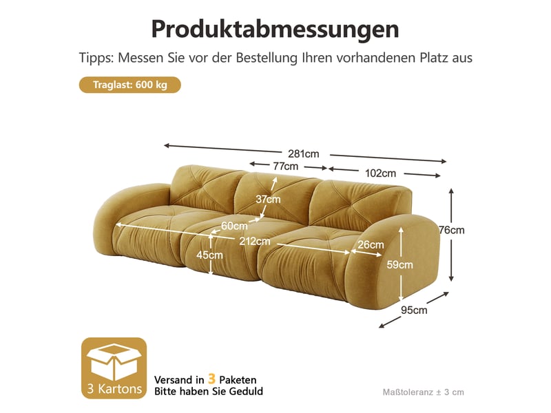  Canapé droit en tissu jaune, 3 places, 281 cm, sans structure rigide W3325S00345 - Conforama C