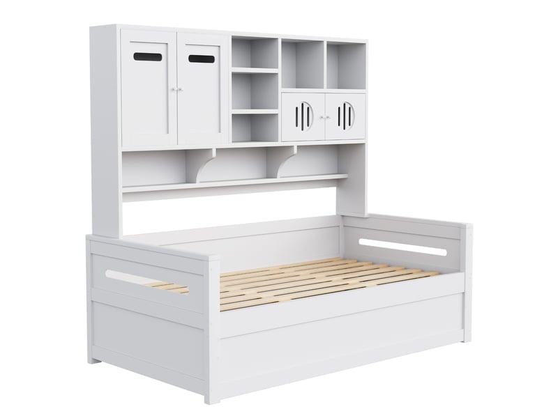 Lit banquette 90x200 cm – blanc – coffre hydraulique et rangements intégrés de tête de lit, sans matelas - Conforama D