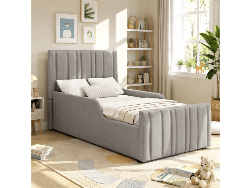  Lit coffre 90x200 cm, lit enfant, sommier à lattes, rangement hydraulique, tête de lit rembourrée, lin gris  - Conforama D