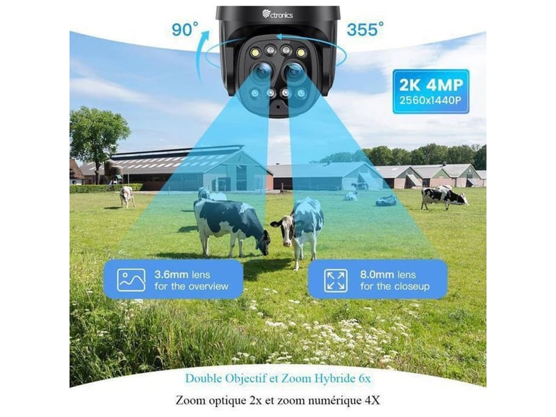  Caméra de sécurité extérieure wifi 2.5k 4mp double lentille zoom hybride 6x vision couleur jusqu’à 20 m  - Conforama B