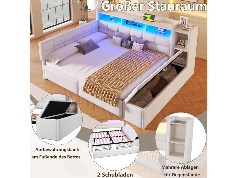 Lit banquette rembourré 140x190 cm, 2 tiroirs, banc coffre au pied, étagère intégrée, led multicolore, usb et usb-c, velours - blanc - Conforama C