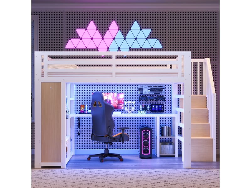 Lit mezzanine gaming en métal 160x200 cm, lit double led usb avec bureau, penderie ouverte, escalier rangement, blanc et naturel - Conforama D