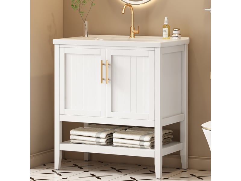 Meuble sous vasque avec lavabo en céramique et poignées, rangement ouvert sur pieds, salle de bain, mdf blanc - Conforama B