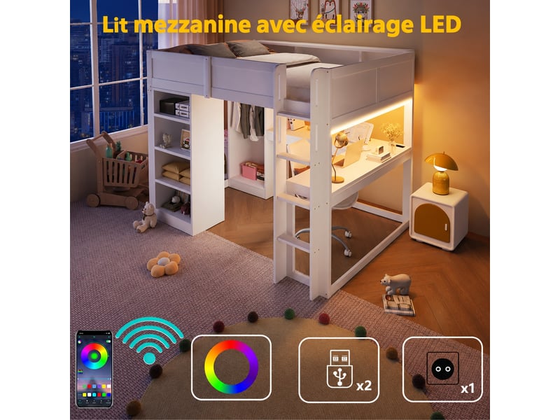  Lit mezzanine 140x200 cm avec bureau en l - armoire ouverte, rangements et led bluetooth, blanc  - Conforama E