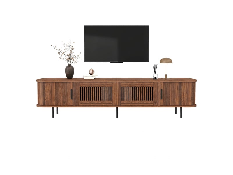 Meuble tv noyer 180 cm avec led app contrôle, bords arrondis et portes coulissantes - Conforama A