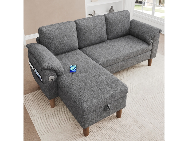  Canapé d'angle - coffre sous la méridienne - ports usb et usb c - poches latérales - méridienne réversible - moderne - gris clair  - Conforama C
