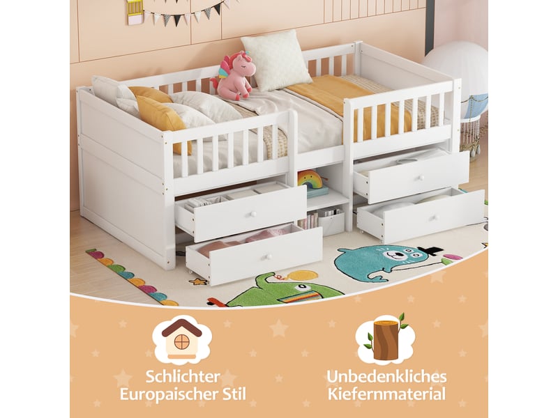  Lit mezzanine, 90 × 200 cm, blanc, bois de pin, 4 tiroirs, rangement intégré, sans matelas, garde-corps, échelle  - Conforama D