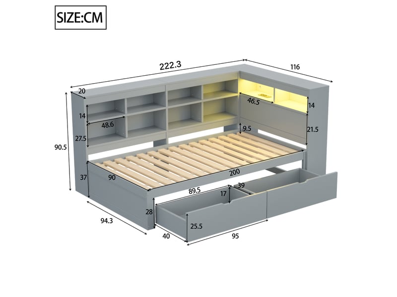  Modenvie lit banquette 90x200 cm - avec rangements, led et port usb - pour petit espace - gris  - Conforama C