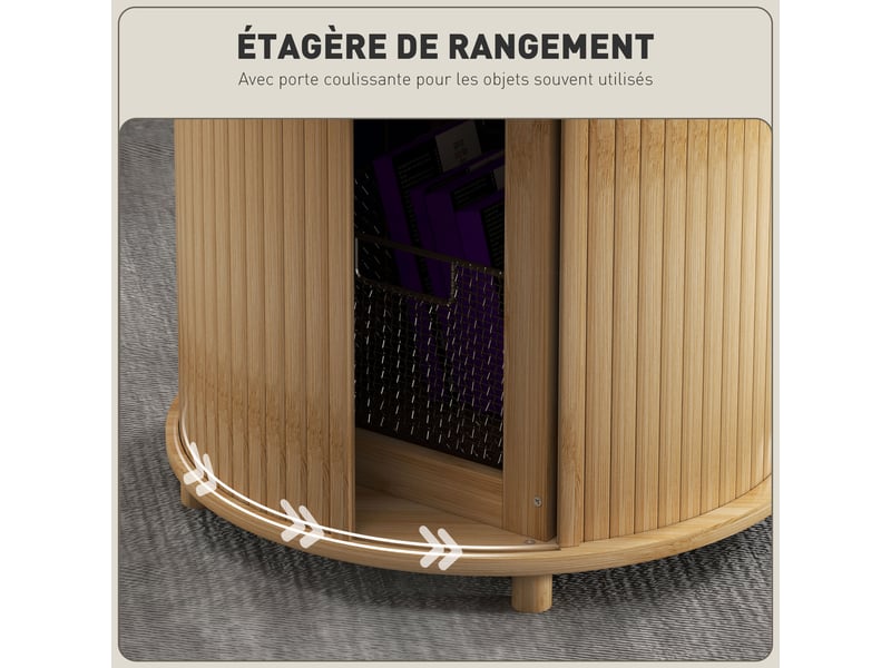  Table basse ronde table de salon en bambou avec rangement caché et porte coulissante, bois naturel, dim.  60 x 45h cm  - Conforama E
