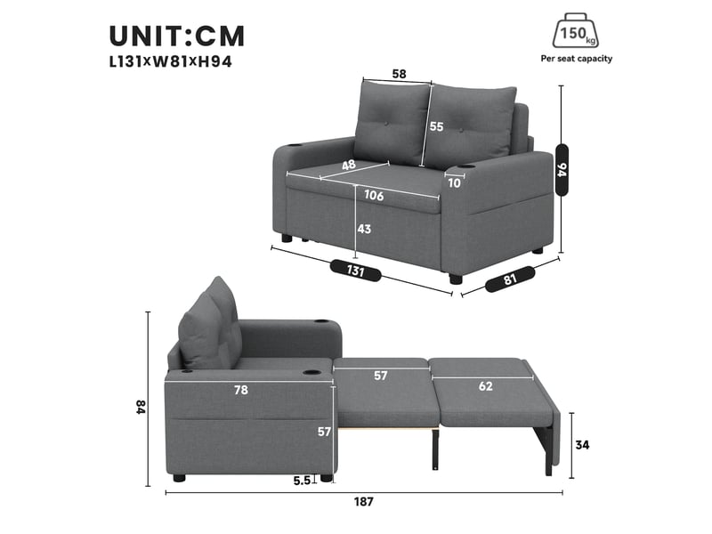  Canapé convertible 2 places - 131x81x94cm - canapé double 3 en 1 en tissu avec usbtype-c, porte-gobelets &amp; poches - gris  - Conforama E