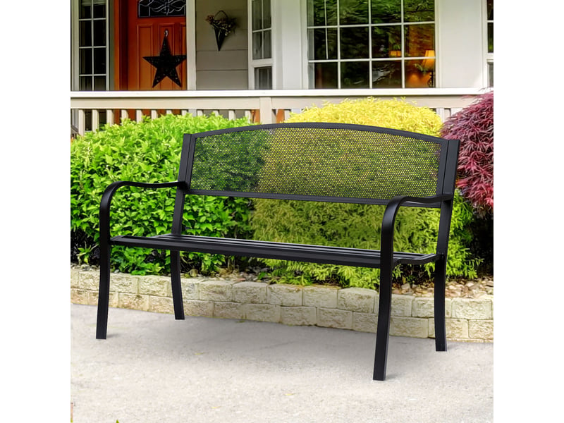  Banc de jardin, banc de parc, 2 places, acier, noir, l 127 x p 60 x h 87 cm  - Conforama D