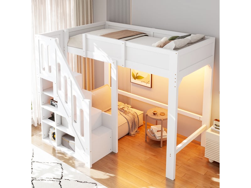  Lit mezzanine 90 x 200 cm avec escalier à 6 rangements, éclairage led et barrières de sécurité, bois et mdf - blanc OMNIGLINT TRADING LTD - Conforama E