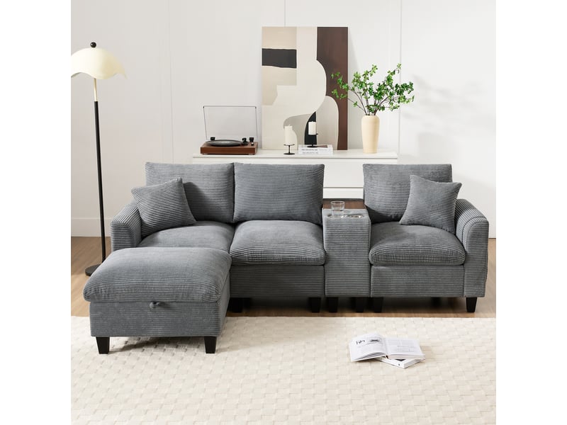Canapé d'angle, canapé convertible, rangements dans les accoudoirs, porte-gobelets, usb, design moderne, appartement, pour salon - Conforama R