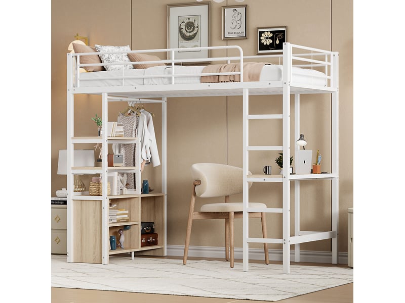 Lit mezzanine 90x200 cm blanc avec bureau, rangements, prise usb et échelle - Conforama D