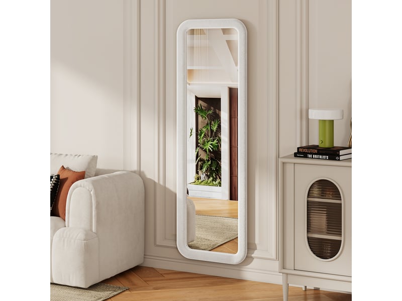 Miroir pleine longueur 160×50 cm, rectangulaire à coins arrondis, murale ou sur pied, blanc, style français romantique - Conforama D