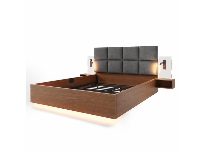 Lit 180 × 200 cm effet noyer avec chevets, liseuses, usb-ac et led Fay Lum - Conforama R