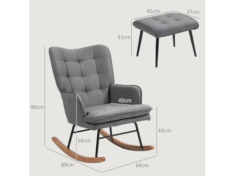  Fauteuil à bascule avec repose-pieds, dossier haut incliné, accoudoirs et rembourrage en polyester gris foncé  - Conforama D
