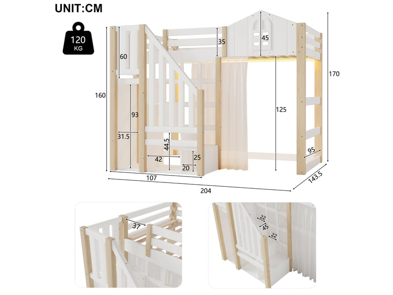  Lit mezzanine 90x200 cm led et échelle de rangement en pin et mdf blanc et coloris naturel  - Conforama E